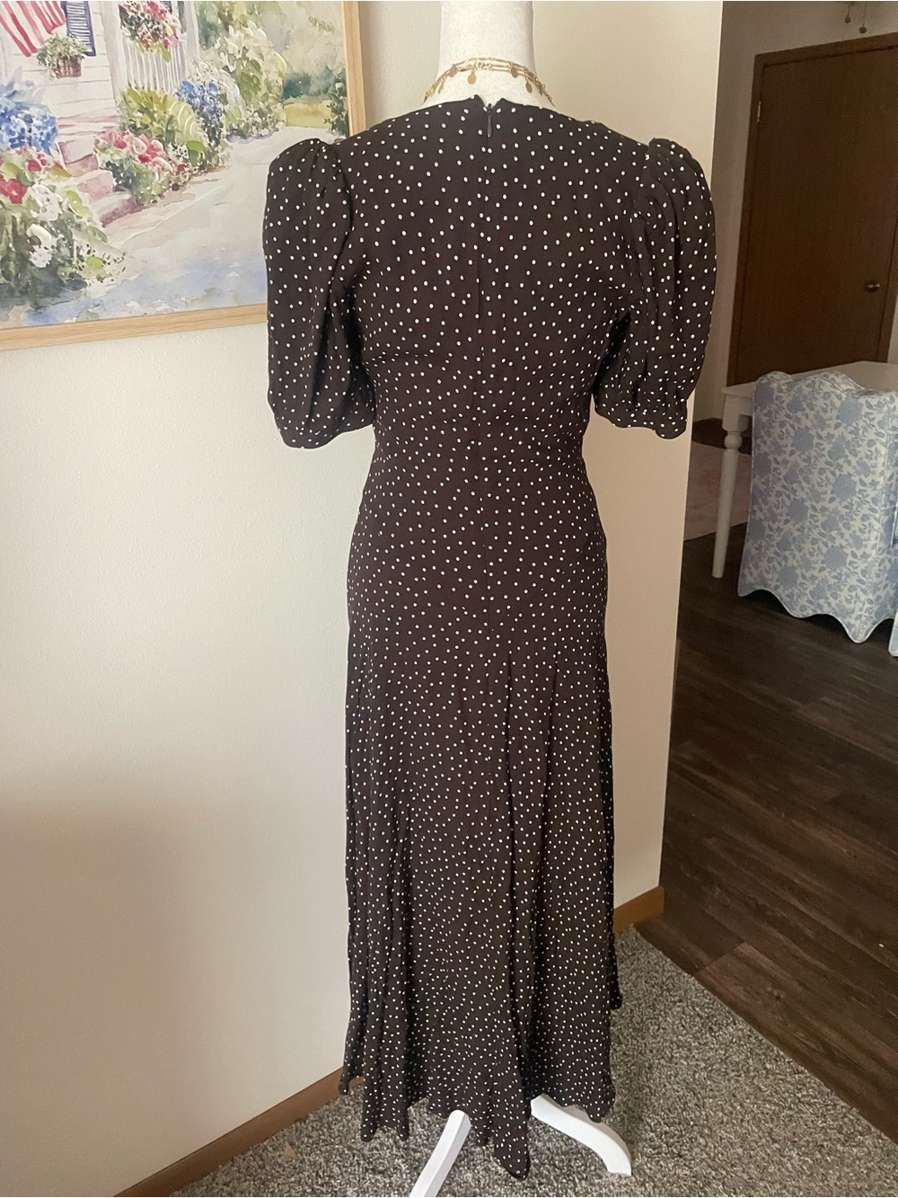 Reformation Naira Dress Polka Dot Midi Brown White US 6 - Picture 7 of 7